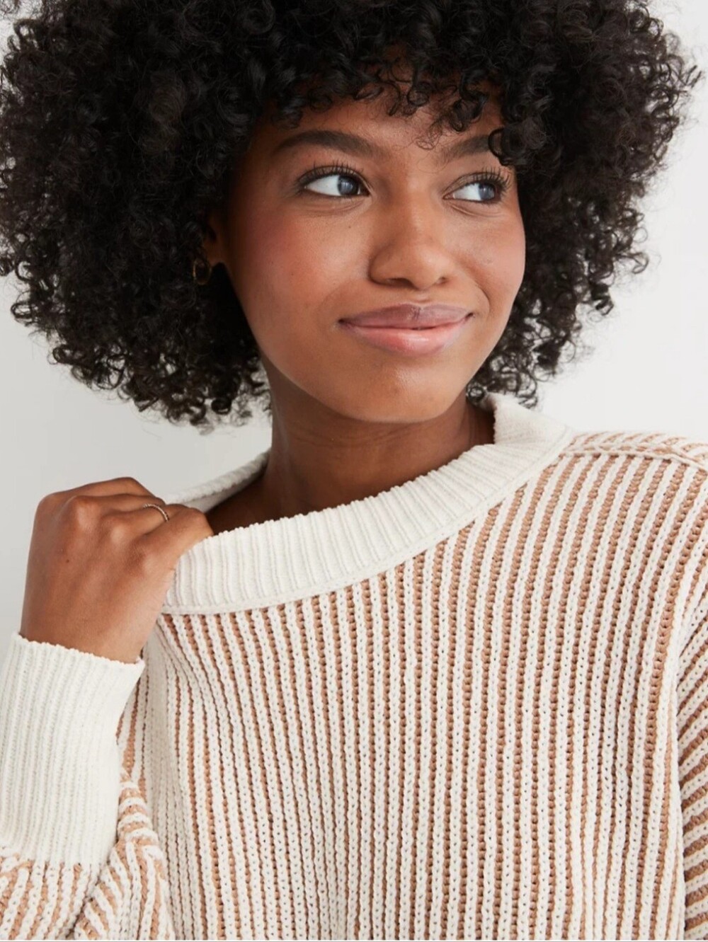 aerie Cream and Tan Striped Ribbed Crewneck Sweater - Picture 13 of 13
